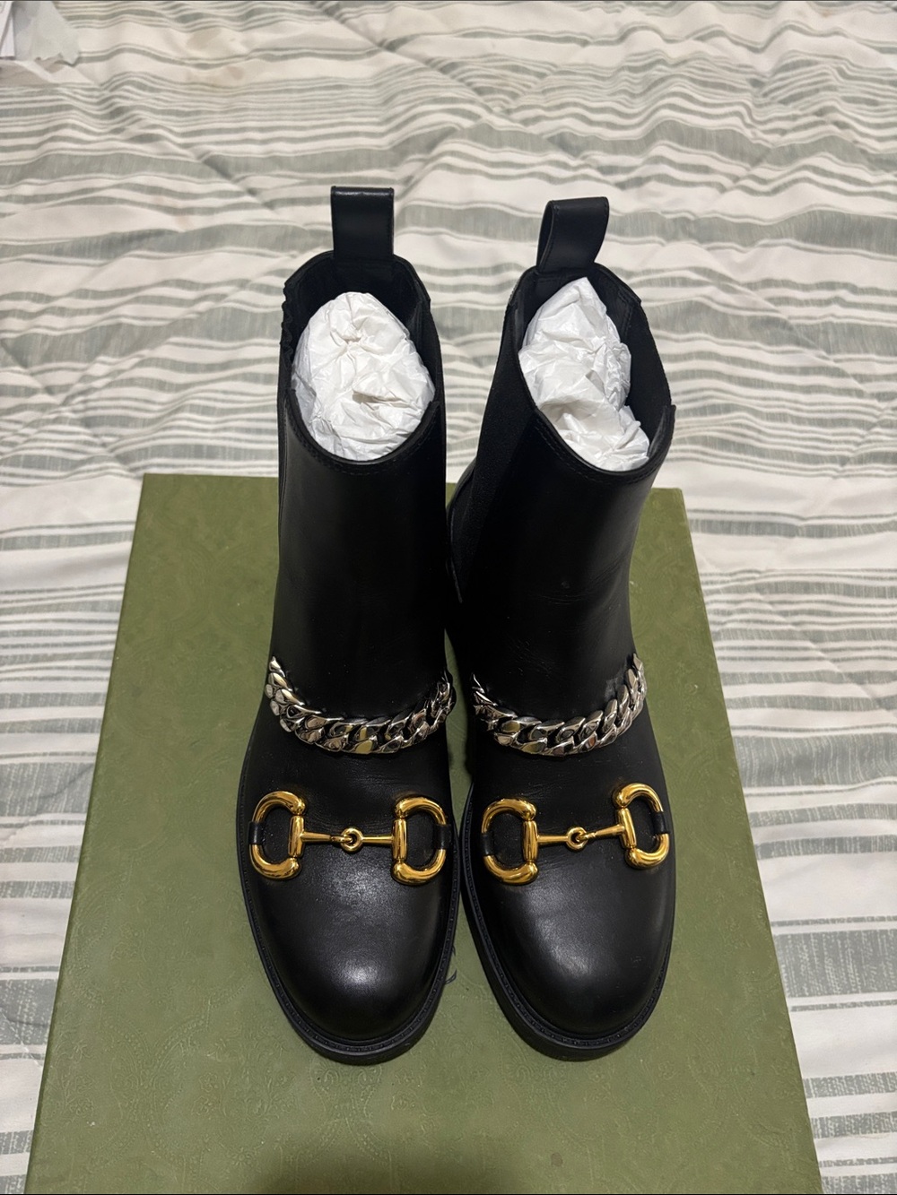 Gucci Black Leather Ankle Boots with Gold Horsebit and Silver Chain